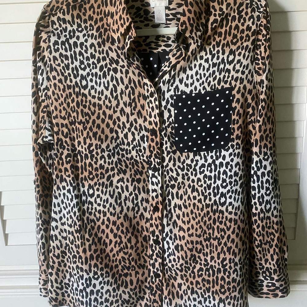Chico's Leopard Print Button-Down with Black Polka Dot Pocket and Back